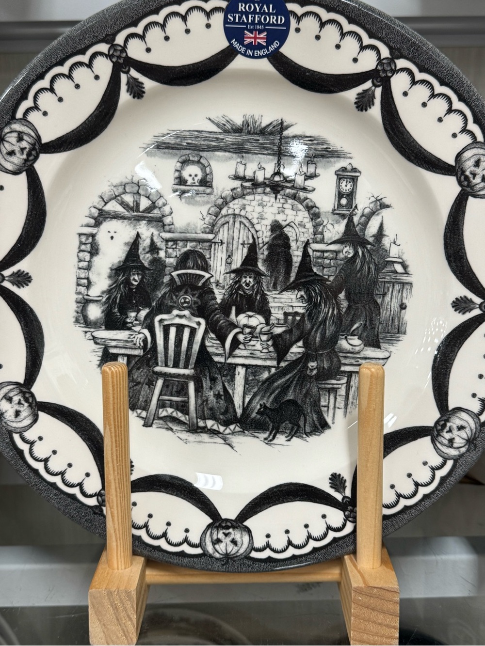 Royal Stafford 4 Black and White Witch Gathering Dinner Plates